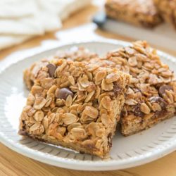 Chocolate Chip Granola Bars on a White Plate in Squares