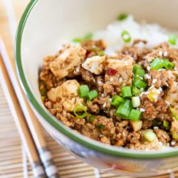 Ground Pork Stir Fry Served in a Bowl With Tofu, Scallions, and Sesame