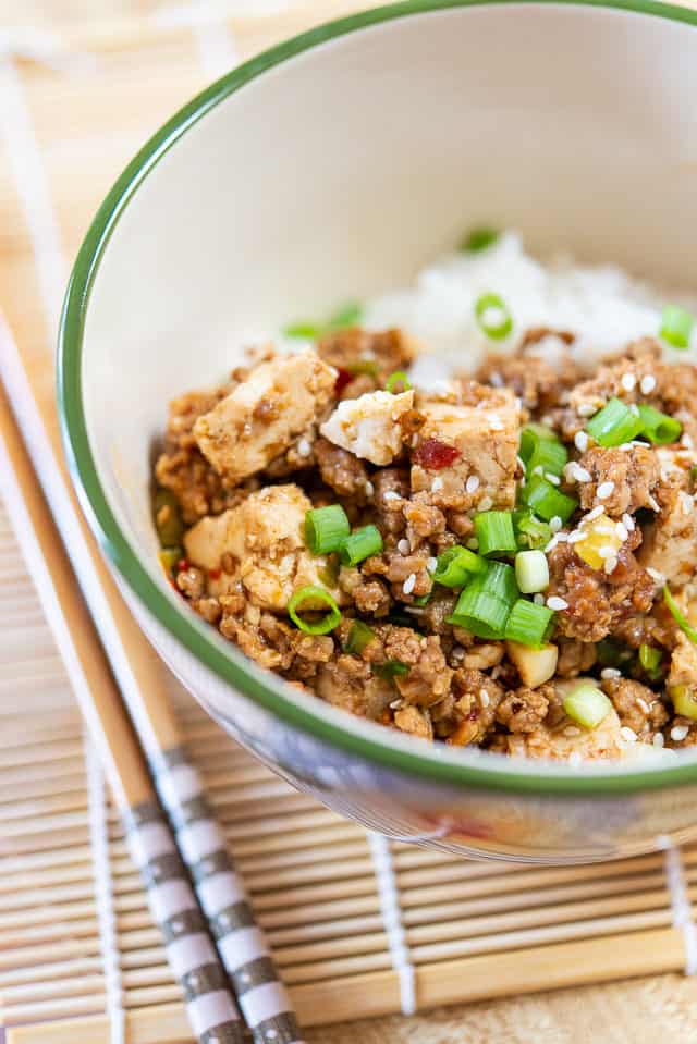 Ground Pork Stir Fry - Served in a Bowl With Tofu, Scallions, and Sesame