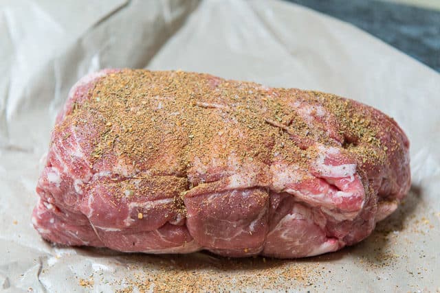 Pork Shoulder Rubbed with Sazon Seasoning Rub for Pulled Pork Without BBQ Sauce