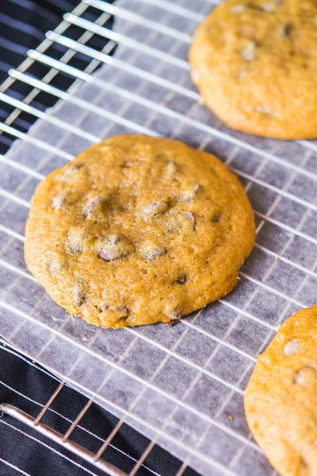 Pumpkin Chocolate Chip Cookie Recipe Shown on a Wire Rack Fully Baked