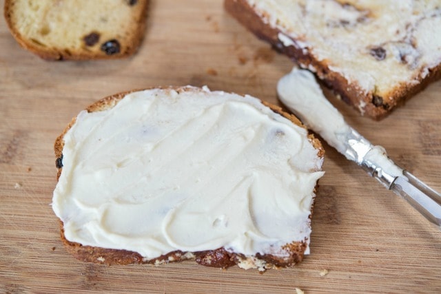 Mascarpone Cheese Slathered on Cinnamon Raisin Bread