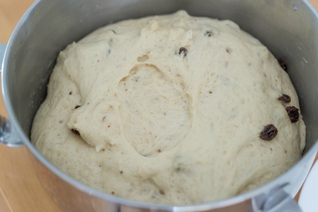 Risen and Puffed Cinnamon Raisin Bread Dough in a Stand Mixer Bowl