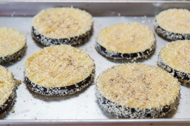 Slices of Breaded Eggplant on Sheet Pan