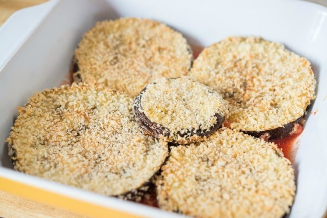 Layering Breaded Eggplant In Baking Dish for Eggplant Parm Lasagna
