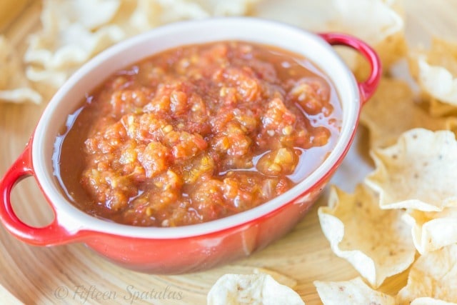 Tomato Jalapeno Salsa in Red Dish and Chips