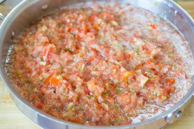 Tomato and Jalapeno Salsa - Cooking Down in Stainless Steel Skillet