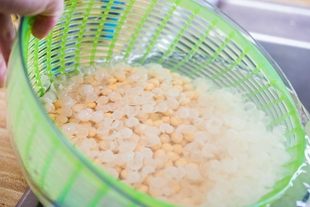 Peeled Chickpeas and Skins in Salad Spinner