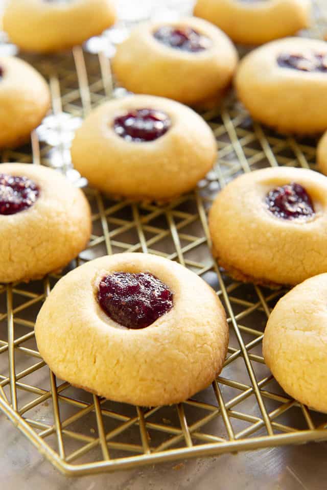 Jam Thumbprint Cookies - On a Gold Wire Rack Cooling