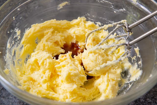 Creamed Butter and Sugar in Bowl with Vanilla Added