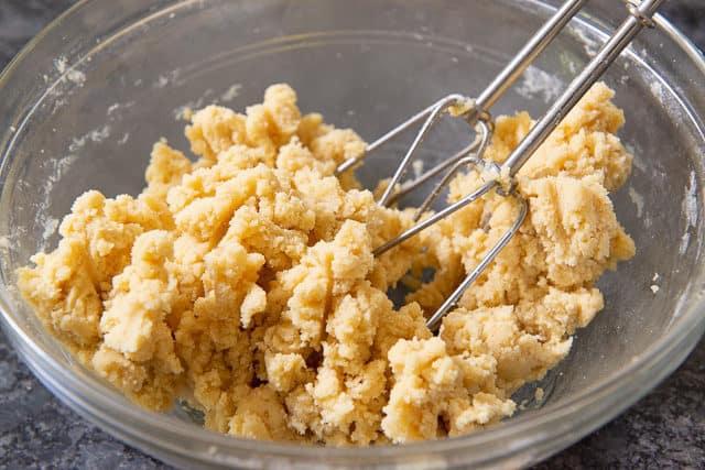 Thumbprint Cookie Dough in Mixing Bowl Crumbly
