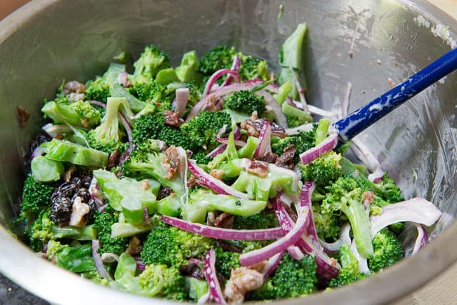 Broccoli Raisin Salad with Red Onion in Bowl