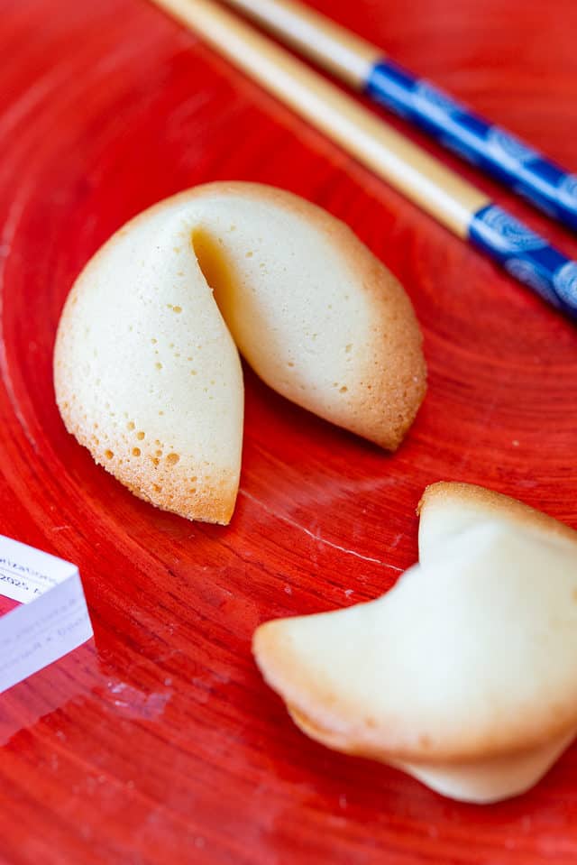 Fortune Cookie - On a Red Board with Chopsticks and Paper Decoration
