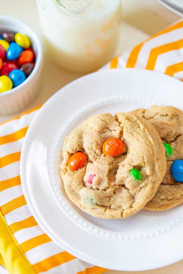 Peanut Butter M&M Cookies on White Plate