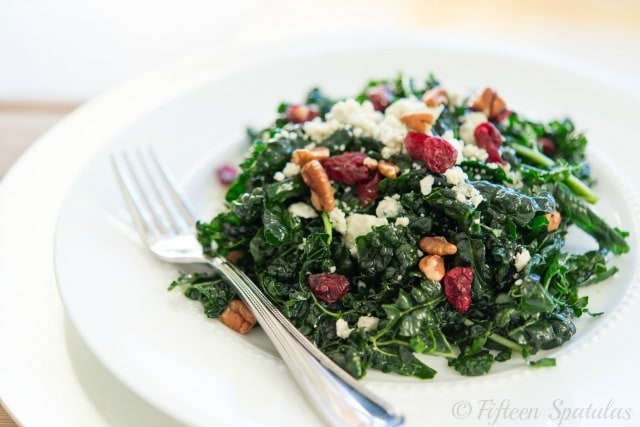 Massaged Kale Salad - Plated on a White Dish with a Fork