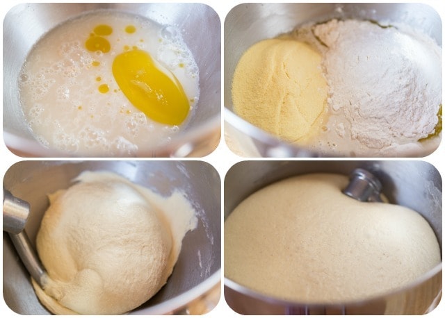 Photo Collage Showing Semolina Flour and Wet Ingredients Combined for Pizza Dough