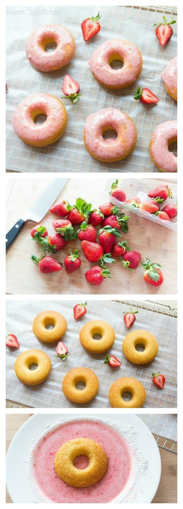 Photo Collage of How to Make Strawberry Donuts Using Fresh Berries and Glaze