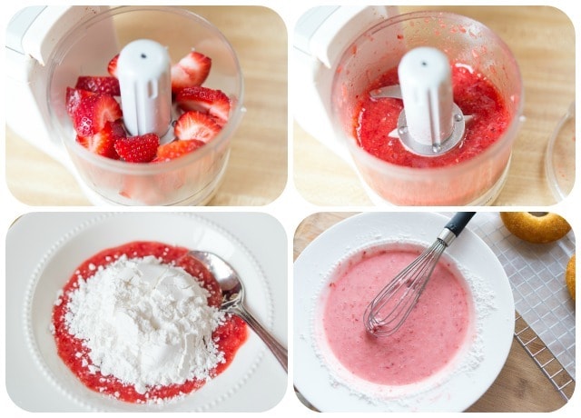 Strawberry Icing Glaze - Photo Collage Showing Pureed Strawberries and Confectioner\'s Sugar Combined