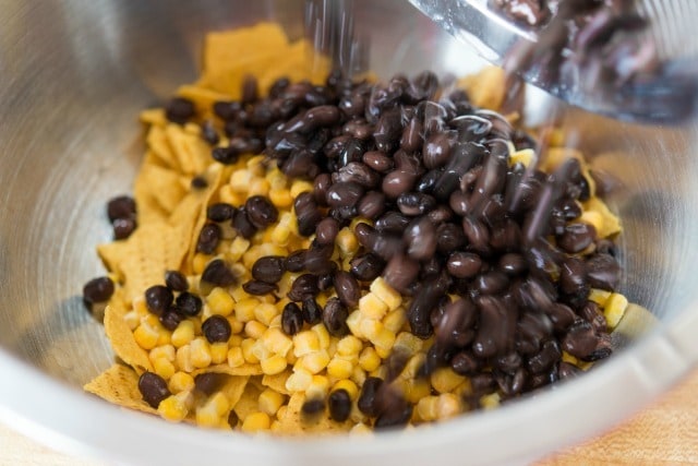 Black Beans and Corn Added to Chip bowl