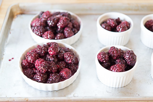 Frozen Blackberries in Ramekins on Sheet Pan