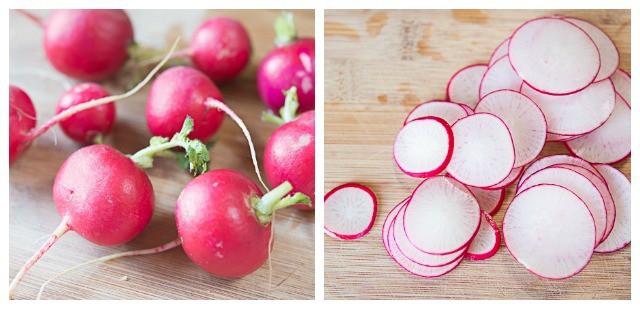 Whole and Sliced Red Radishes on Cutting Board