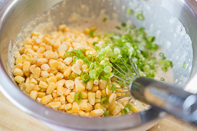 Corn Kernels and Green Onions On Wet Batter