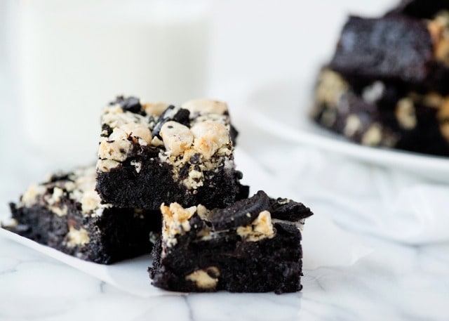 Cookies and Cream Brownies - Stacked In Piles on marble Countertop