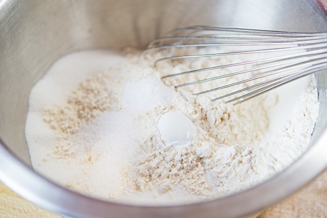 Flour, Leavener, and Salt in Mixing Bowl with Whisk