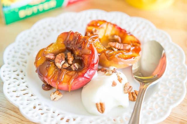 Grilled Peaches - on White Plate with Bourbon Sugar Sauce Drizzle and Pecans