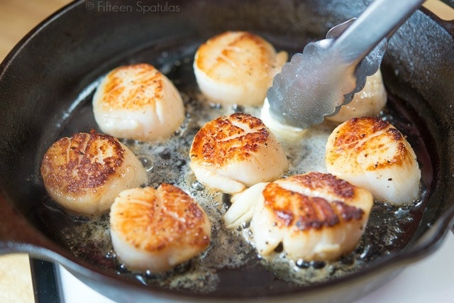 Cooking Scallops in Cast Iron with Butter Melting