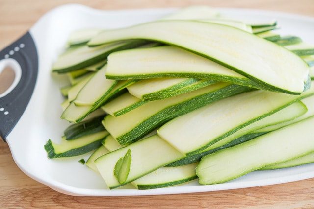 Zucchini Ribbons Piled on a white Board