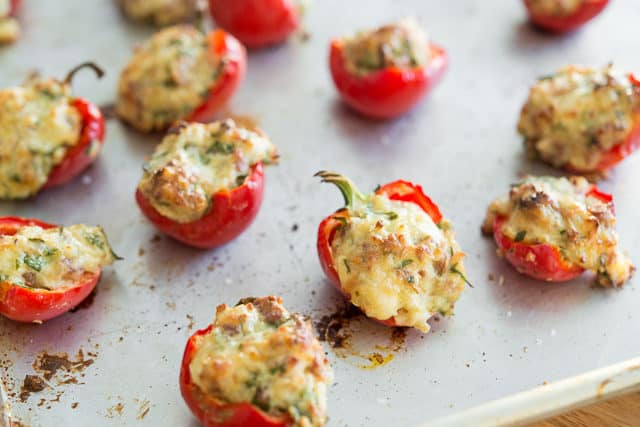 Cherry Peppers Stuffed with Garlic Cheese Filling on Sheet Pan