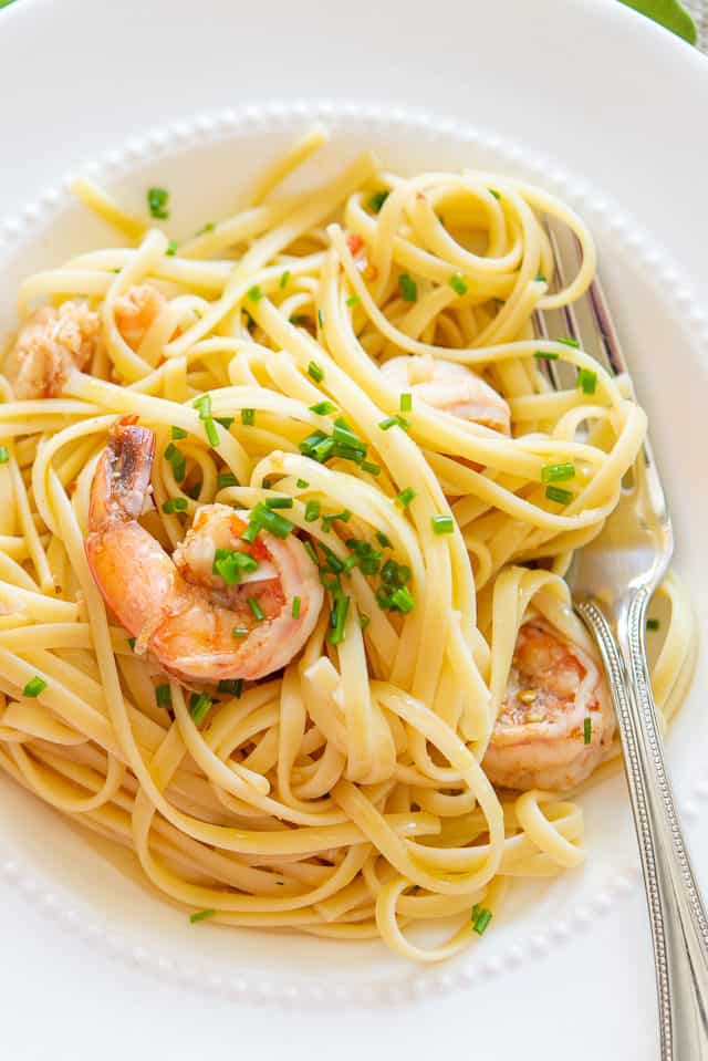 Shrimp Linguine - Served in White Bowl With White Wine, Tomatoes, and Herbs