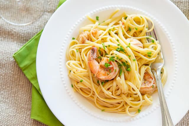 Shrimp Linguine Recipe - Plated in White Low Bowl with Green Napkin 
