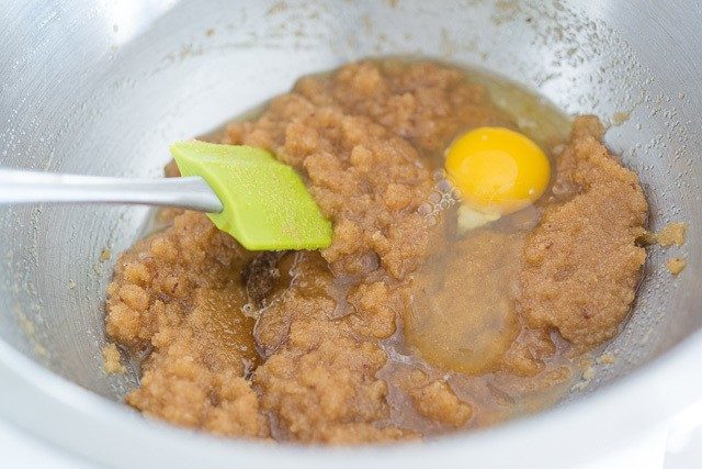 Brown Butter Sugar Mixture with Egg in Bowl