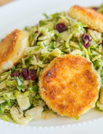 Warm Brussel Sprout Salad with Crispy Goat Cheese