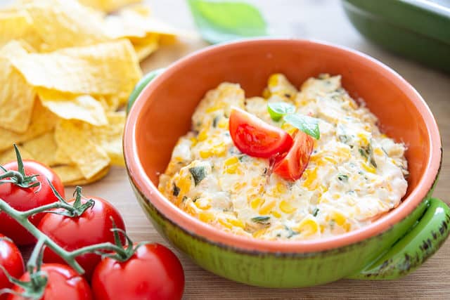 Hot Corn Dip - in Green Bowl with Poblano Peppers, Cheddar, and Cream Cheese