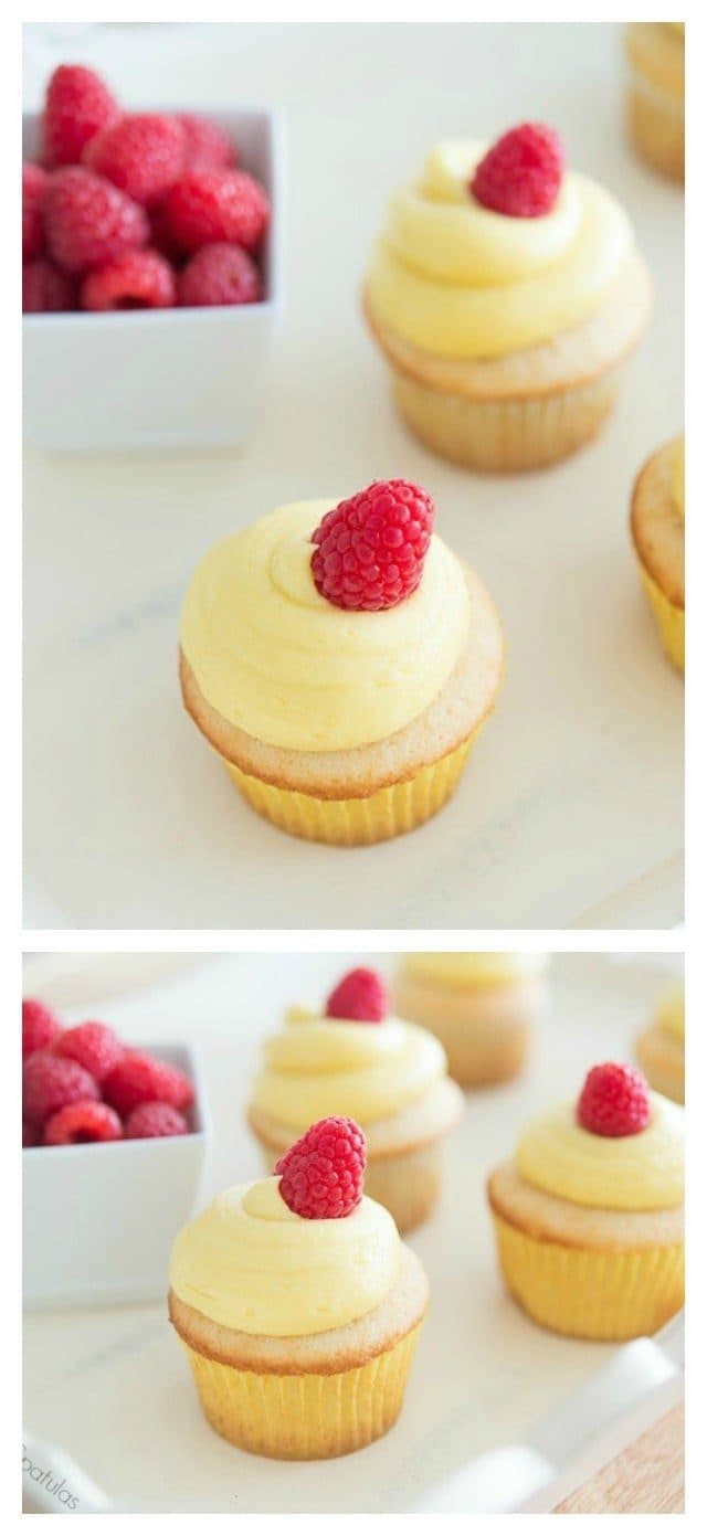 Photo Collage with Framboise French Vanilla Buttercream Cupcakes with Raspberries