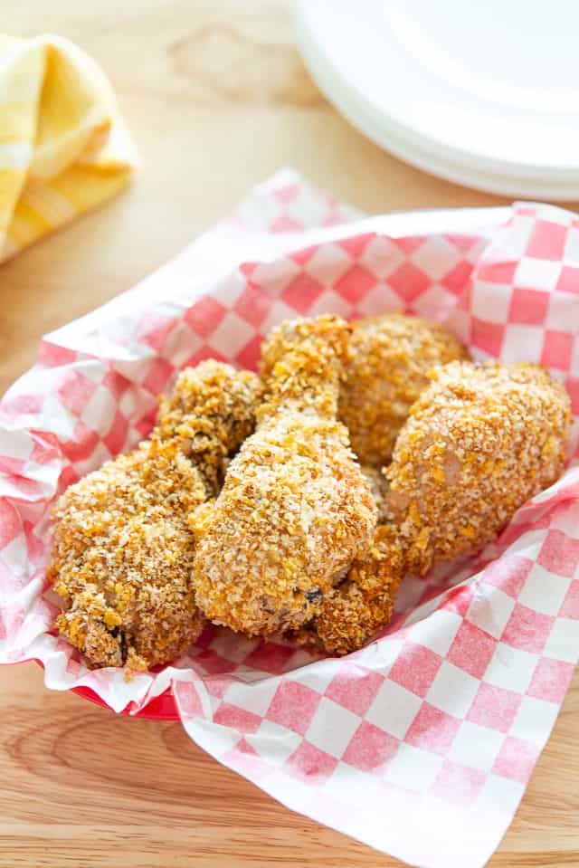 Oven Fried Chicken - on Checker Paper in Red Basket