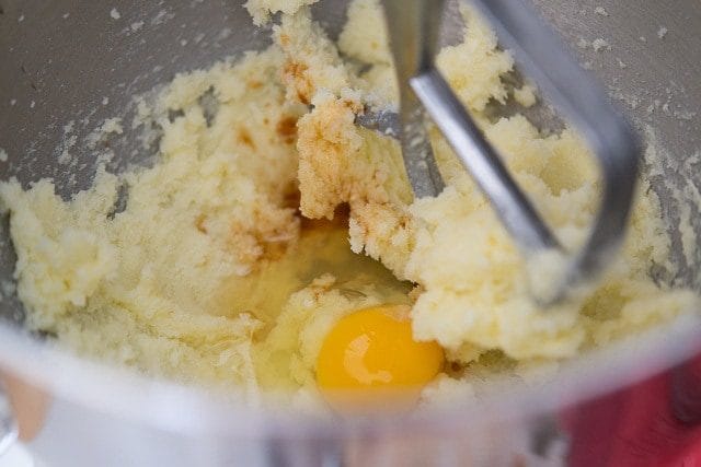 Creamed Butter and Sugar in Stand Mixer Bowl with Egg and Vanilla Added