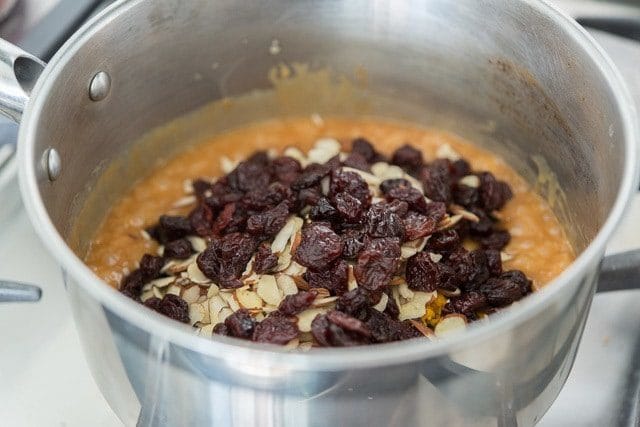 Cherries and Almonds Added to Caramel Saucepan