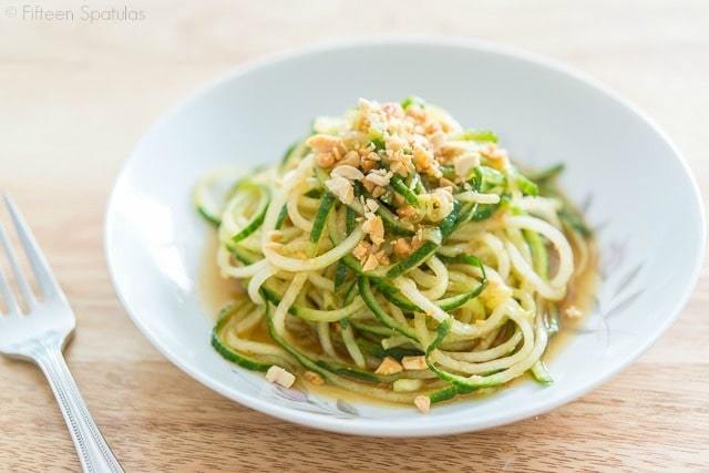 Cucumber Spiralizer Salad topped with Peanut in Bowl