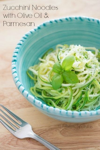 Zucchini Noodles - In Blue Bowl with Oil, Basil, and Cheese