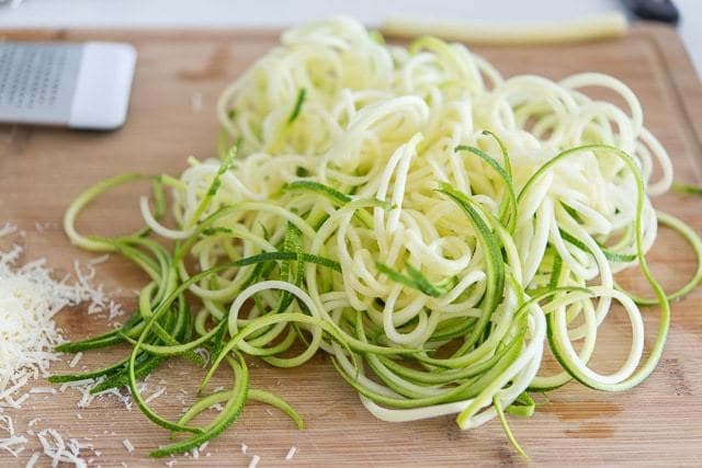 Spiralized Zucchini Noodles on Wooden Cutting Board