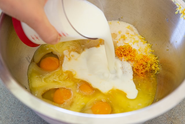 Adding Buttermilk to Filling Ingredients in Bowl