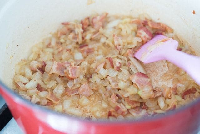 Bacon and Onion Cooking in Dutch Oven