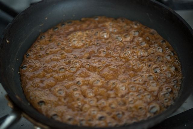 Bubbling Sugared Pecans Mixture in Skillet