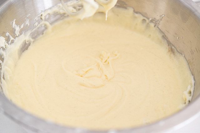 Homemade Pound Cake Batter in Mixing Bowl with Beaters