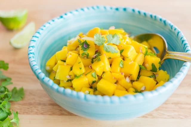 Mango Salsa Recipe - with Fresh Cilantro in Blue Bowl