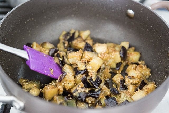 Cooked Eggplant Cubes in a Pan